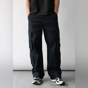 Oak + Fort Twill Black Cargo Pant Relaxed Wide Leg Baggy Size 28